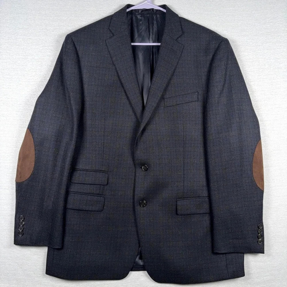 Lauren Ralph Lauren Plaid Wool Elbow Patch Blazer Mens Size 44R Navy Black